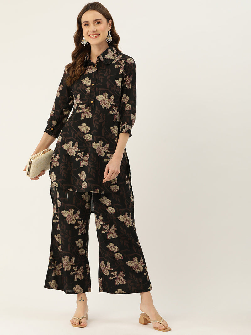 Black Elegant Collared Co-Ord Set with Frill Detail & Elasticated Pants