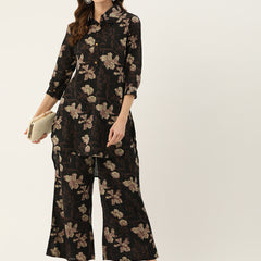 Black Elegant Collared Co-Ord Set with Frill Detail & Elasticated Pants