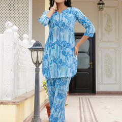 Blue Breezy Printed Cotton Co-Ord Set for Comfortable All-Day Wear