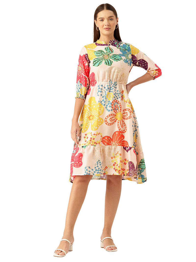 Women’s Multi-Color Muslin Floral Dress with Mandarin Collar & 3/4 Smocked Sleeves