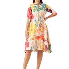 Women’s Multi-Color Muslin Floral Dress with Mandarin Collar & 3/4 Smocked Sleeves