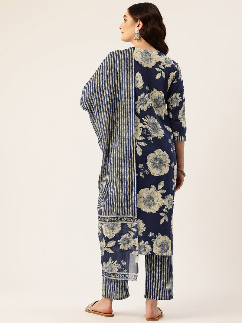 Bodered V-Neck 3-Piece Kurta Set with Ankle-Length Pants & Full-Length Dupatta (Size S-XXL).