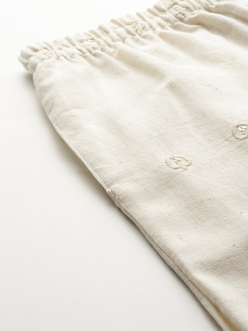 Beige Beige Palazzo|Embroidered, Flax Cotton, Sequin Detail, Ankle-Length, Single Pocket