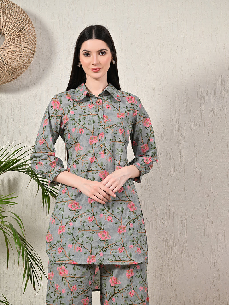 Grey Elegant Collared Co-Ord Set with Frill Detail & Elasticated Pants