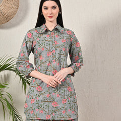 Grey Elegant Collared Co-Ord Set with Frill Detail & Elasticated Pants