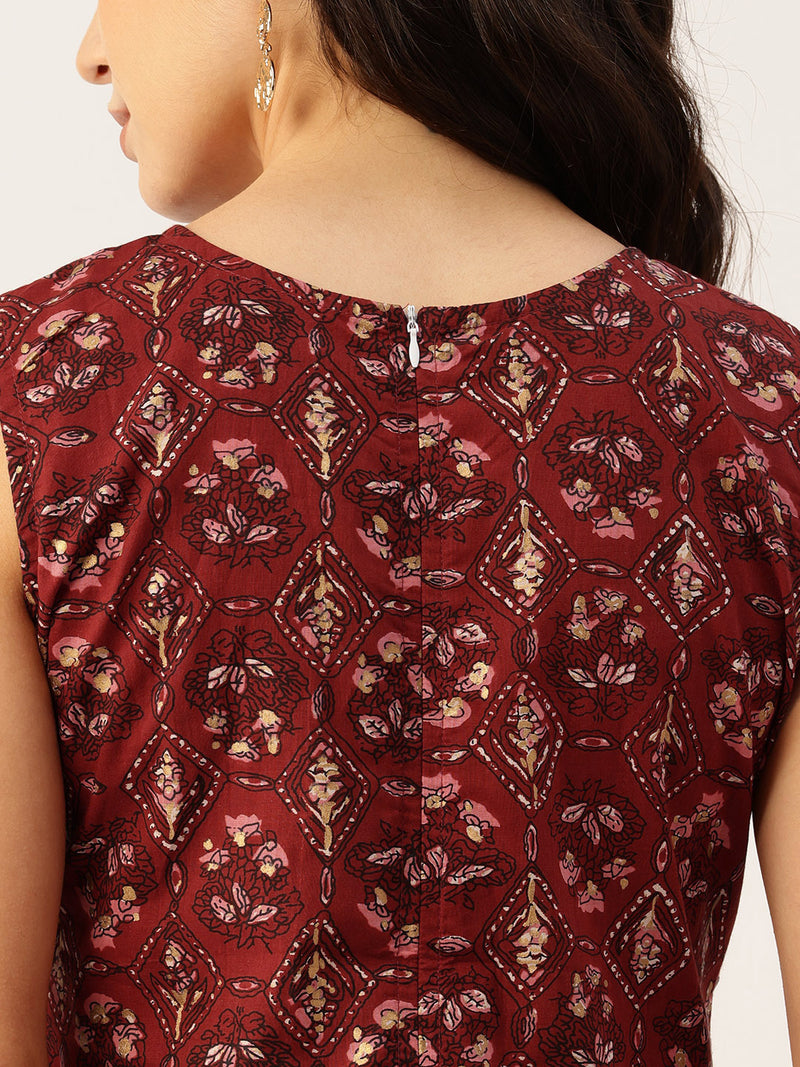 Elegant Floral Sleeveless A-Line Kurti with Back Zip Closure
