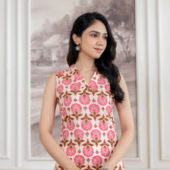 Elegant Sleeveless Cotton Printed Straight Kurta with Refined V-Neckline