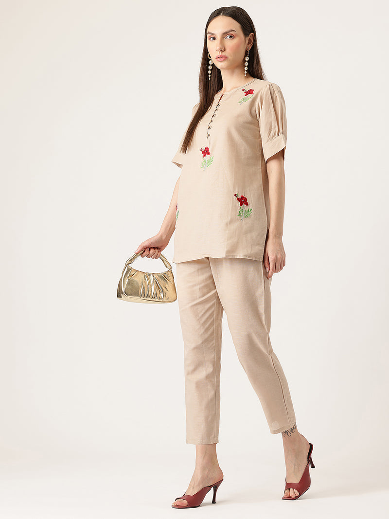 Beige Women's Embroidered Co-ord Set - Viscose Fabric Full Sleeve Shirt and Pant