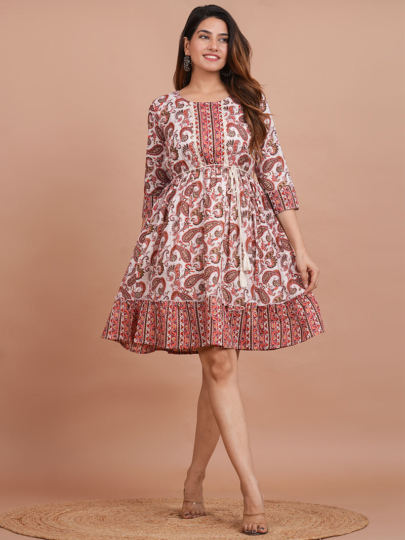 Floral Cotton Flared Dress (S–XXL | 3/4 Sleeves) – Breezy Comfort with Feminine Flow