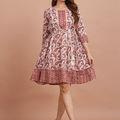 Floral Cotton Flared Dress (S–XXL | 3/4 Sleeves) – Breezy Comfort with Feminine Flow