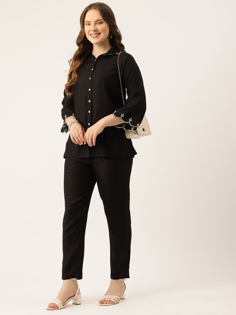 Black Women's Embroidered Co-ord Set - Viscose Fabric Full Sleeve Shirt and Pant
