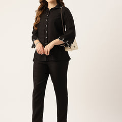 Black Women's Embroidered Co-ord Set - Viscose Fabric Full Sleeve Shirt and Pant