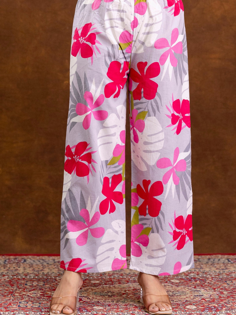 Grey Women’s Co-Ord Set–Printed Collared Kurta with 3/4 Sleeves & Elastic Waist Pants