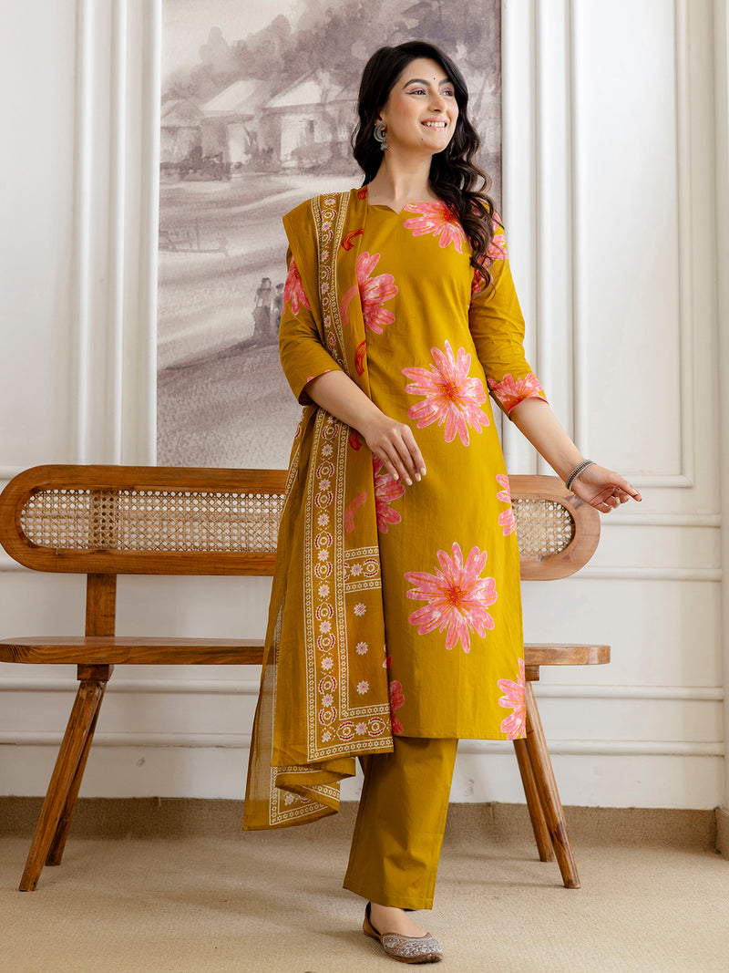 Printed Cotton Kurta Set with Ankle-Length Pants and Graceful Dupatta
