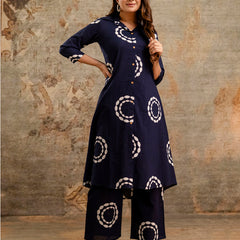 Blue Women’s Co-Ord Set–Printed Collared Kurta with 3/4 Sleeves & Elastic Waist Pants