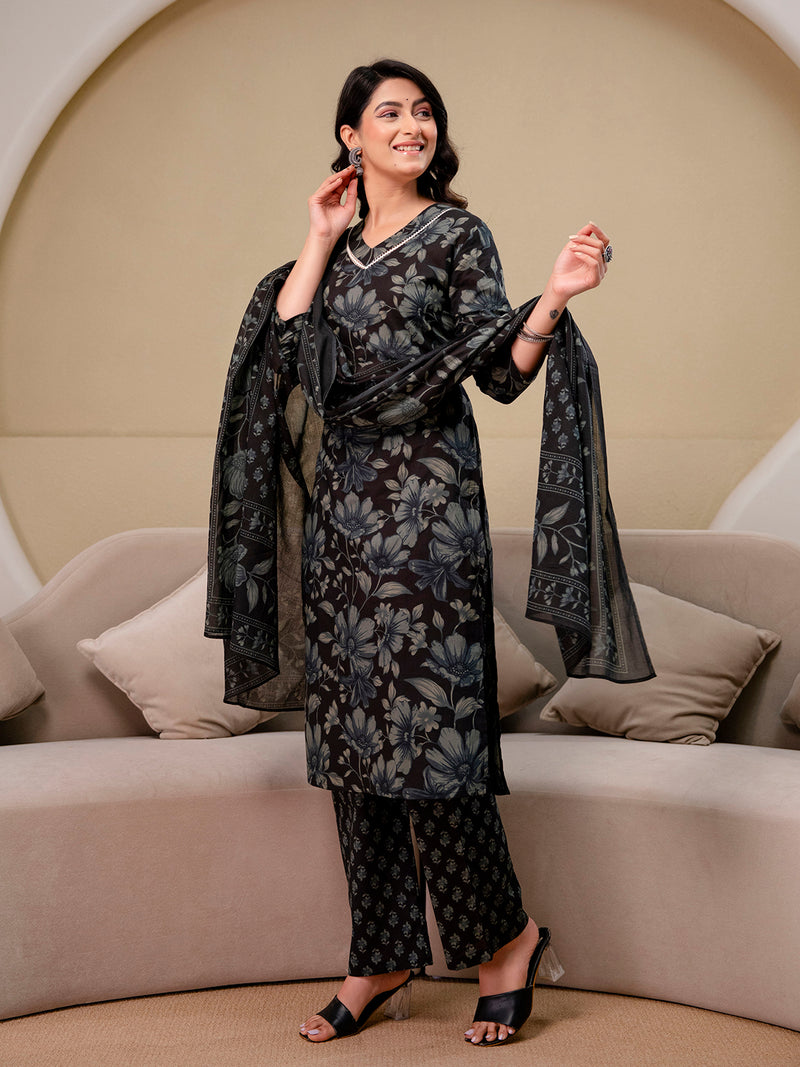Printed Cotton Kurta Set with V-Neckline, Ankle-Length Pants and Graceful Dupatta