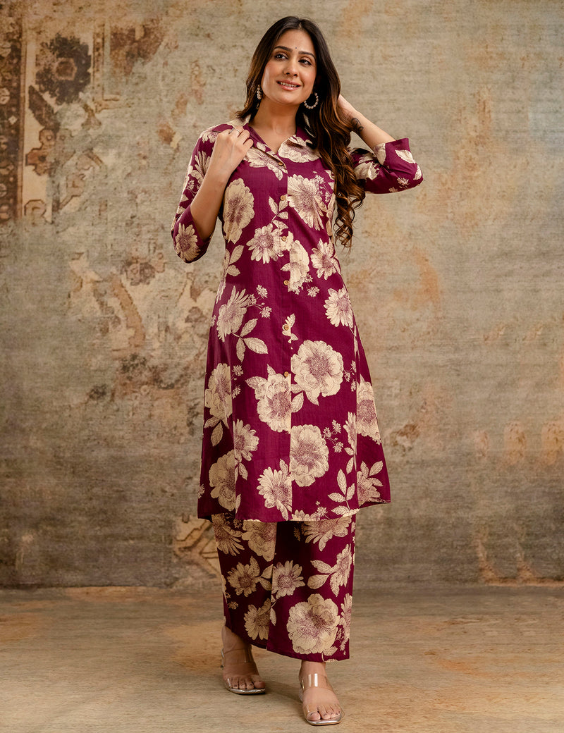 Purple Women’s Co-Ord Set–Printed Collared Kurta with 3/4 Sleeves & Elastic Waist Pants