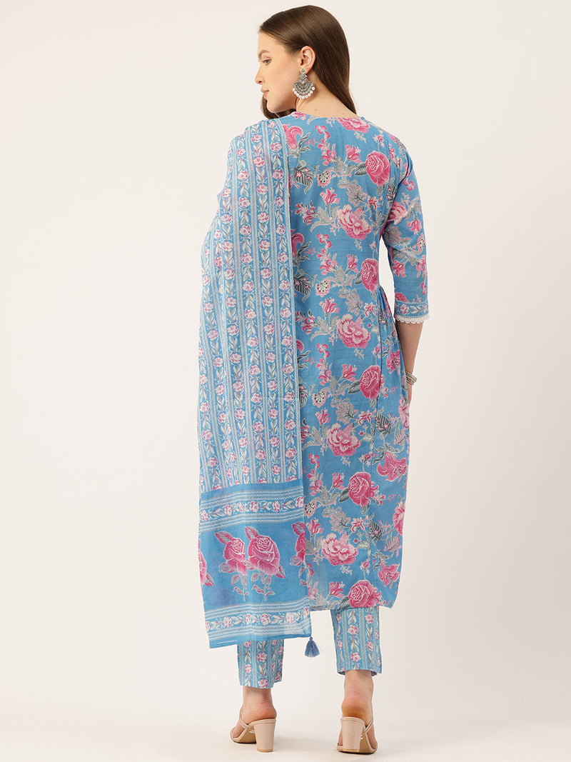 A-line Dupatta Sets - V-Neck, 3/4 Sleeves, Lace Work, Elastic Waistband Pants with Pockets & Full-Length Dupatta (M-XXL)