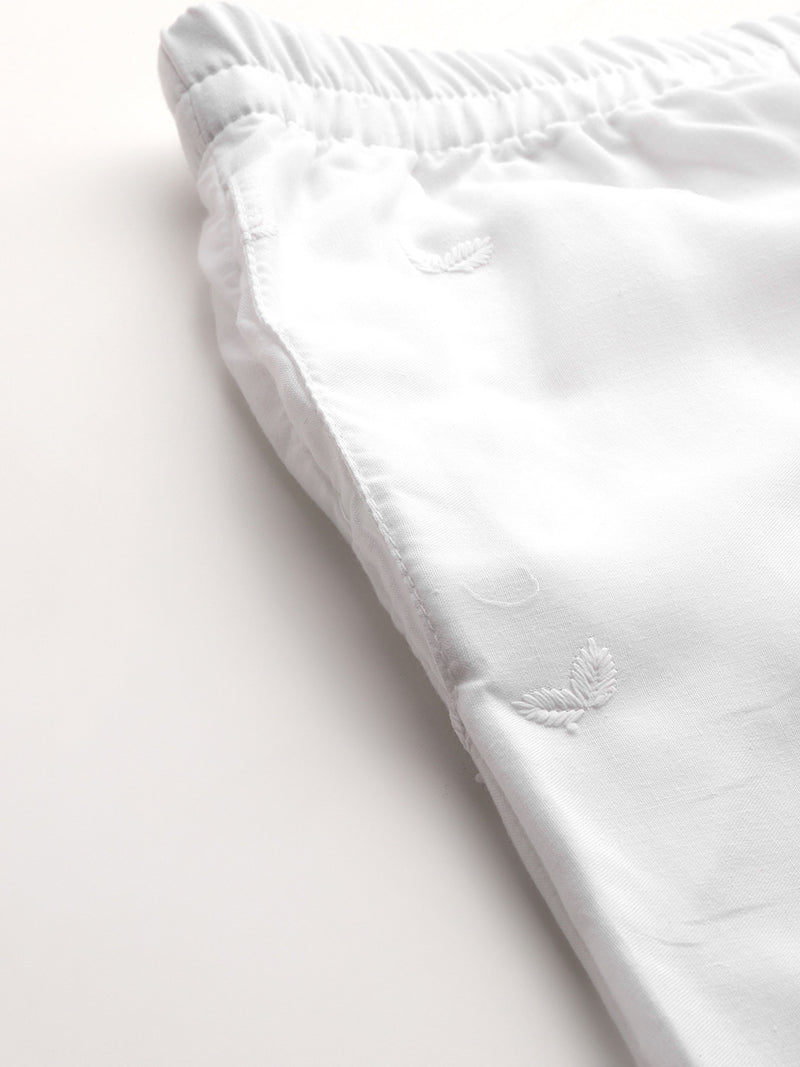 White Embroidered Palazzos–Fully Lined, Elastic Waist & Ankle-Length with Side Pocket
