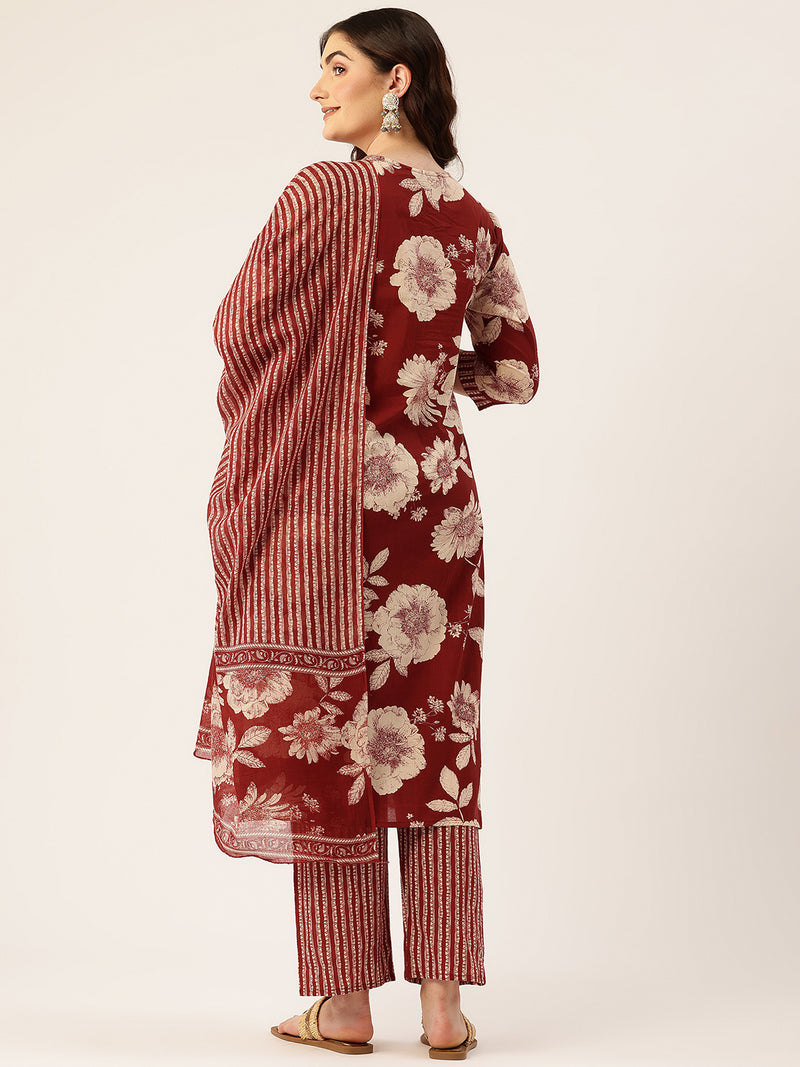Bodered V-Neck 3-Piece Kurta Set with Ankle-Length Pants & Full-Length Dupatta (Size S-XXL).