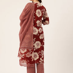 Bodered V-Neck 3-Piece Kurta Set with Ankle-Length Pants & Full-Length Dupatta (Size S-XXL).