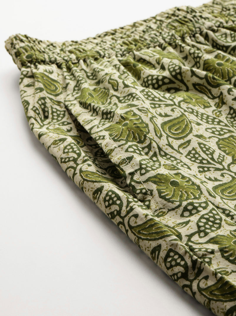 Green Women Pure Cotton Paisley Printed Palazzo Pants | Elastic Waist | Wide Leg