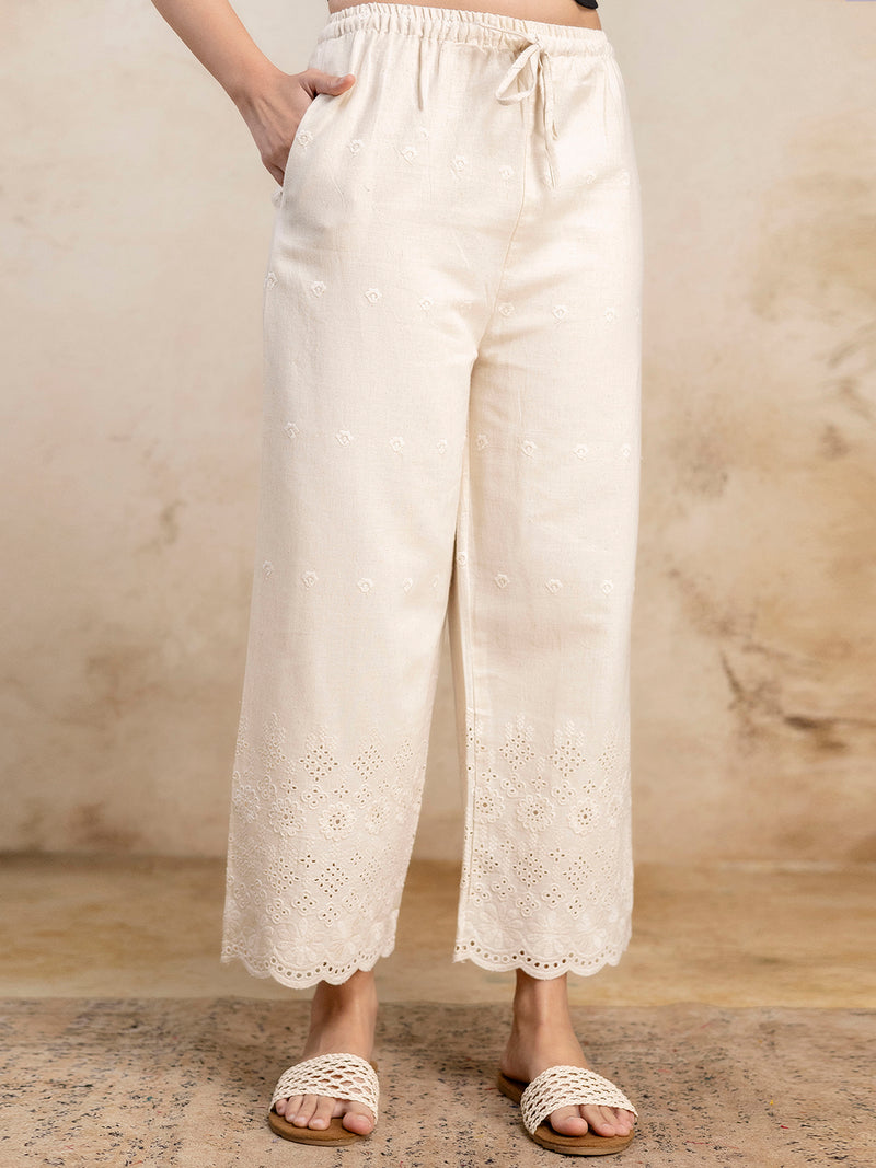 Women’s Cotton Embroidered Wide-Leg Palazzos | Soft, Breathable & Elegant