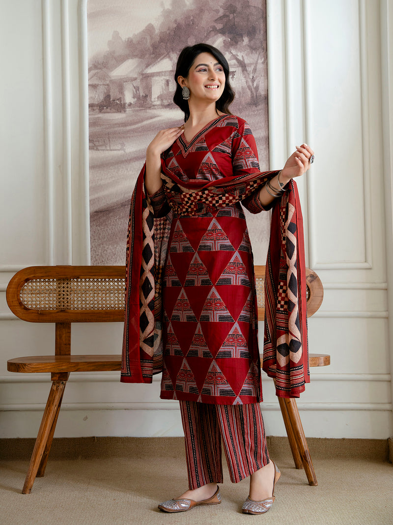 Bordered V-Neck 3-Piece Kurta Set with Ankle-Length Pants & Full-Length Dupatta (M–XXL)