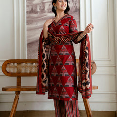 Bordered V-Neck 3-Piece Kurta Set with Ankle-Length Pants & Full-Length Dupatta (M–XXL)