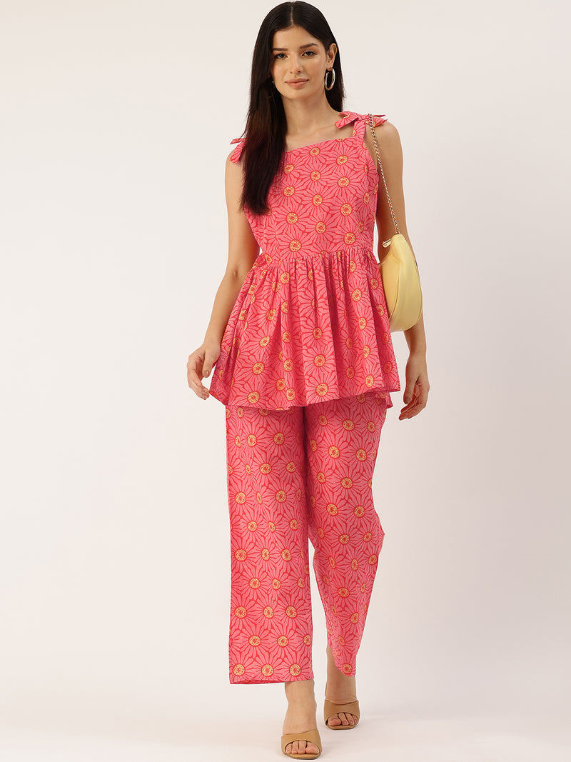 Red Sleeveless Strappy Cotton Co-Ord Set with Bow Detail & Flared Pants