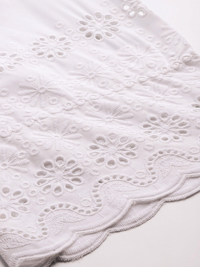 White Embroidered Palazzos–Fully Lined, Elastic Waist & Ankle-Length with Side Pocket