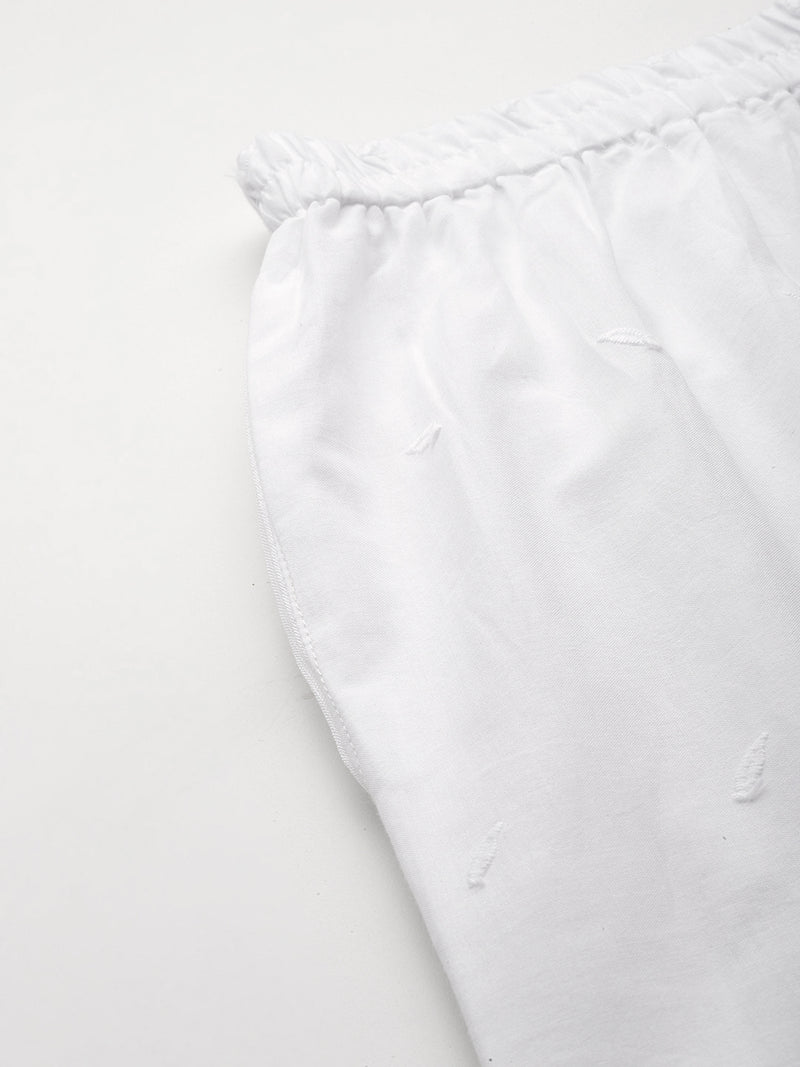 White White Embroidered Cotton Palazzos–Elastic Waist & Ankle-Length with Side Pocket