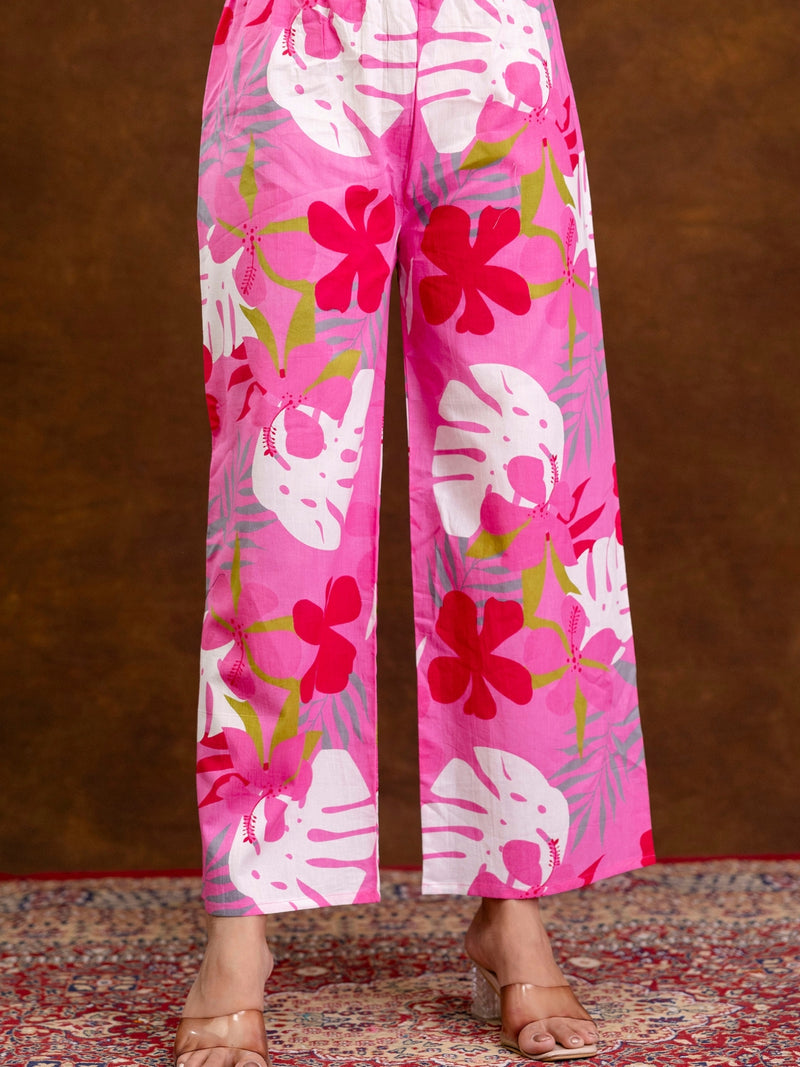 Pink Women’s Co-Ord Set–Printed Collared Kurta with 3/4 Sleeves & Elastic Waist Pants