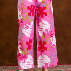 Pink Women’s Co-Ord Set–Printed Collared Kurta with 3/4 Sleeves & Elastic Waist Pants