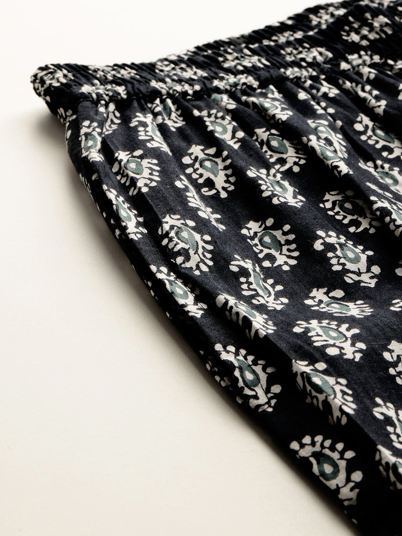 Black Women Pure Cotton Paisley Printed Palazzo Pants | Elastic Waist | Wide Leg