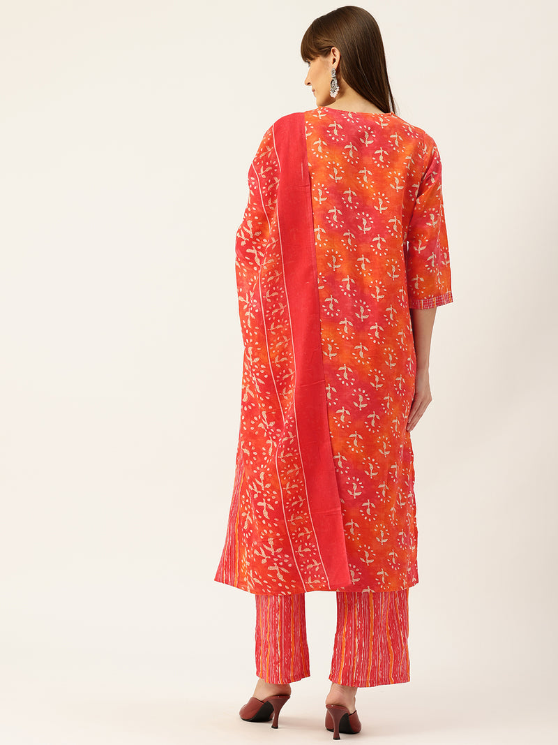 Bordered V-Neck 3-Piece Kurta Set with Ankle-Length Pants & Full-Length Dupatta (Size S-XXL).