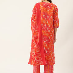 Bordered V-Neck 3-Piece Kurta Set with Ankle-Length Pants & Full-Length Dupatta (Size S-XXL).