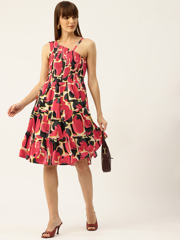 Women’s Rayon One-Shoulder Dress with Smocked Bodice & Flared Skirt – Bright Summer Colors