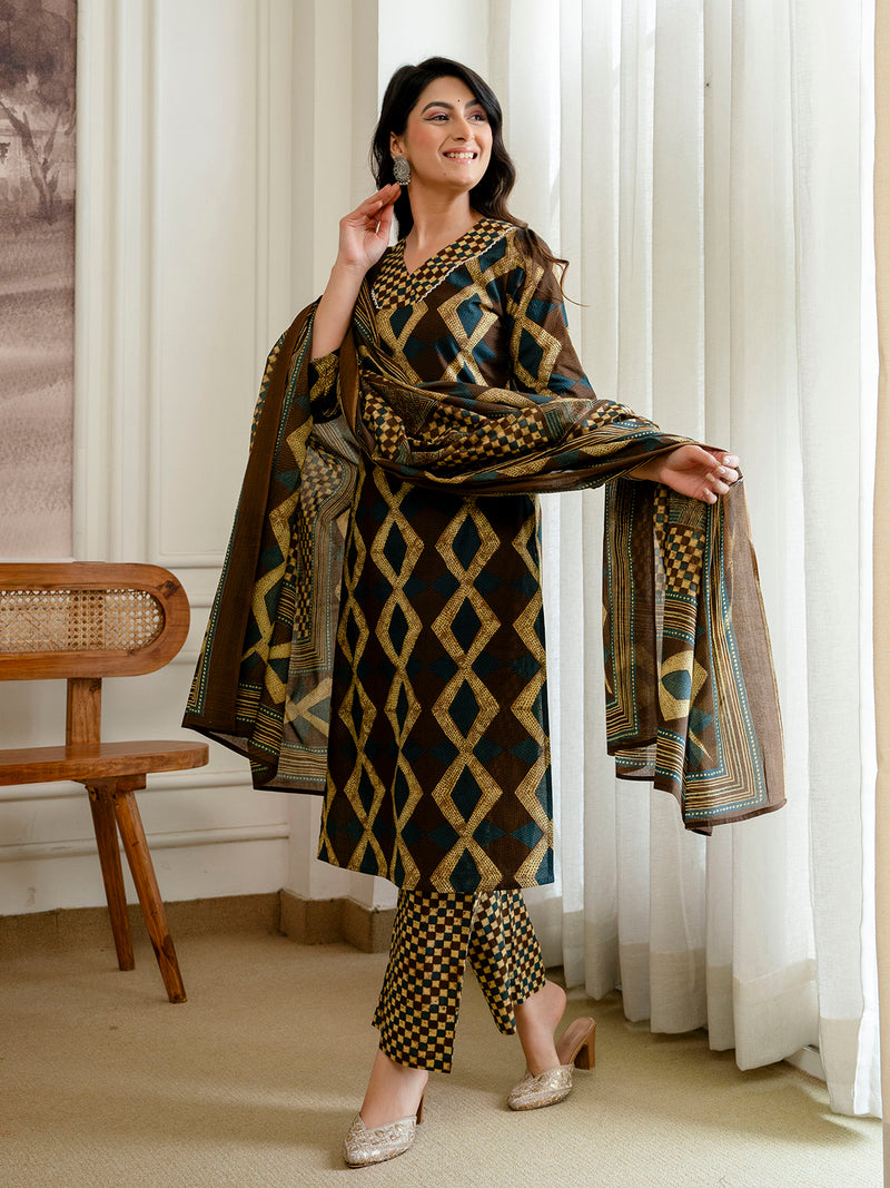 Bordered V-Neck 3-Piece Kurta Set with Ankle-Length Pants & Full-Length Dupatta (M–XXL)