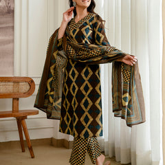 Bordered V-Neck 3-Piece Kurta Set with Ankle-Length Pants & Full-Length Dupatta (M–XXL)