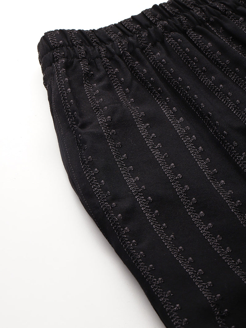Black Black Embroidered Cotton Palazzos–Elastic Waist & Ankle-Length with Side Pocket