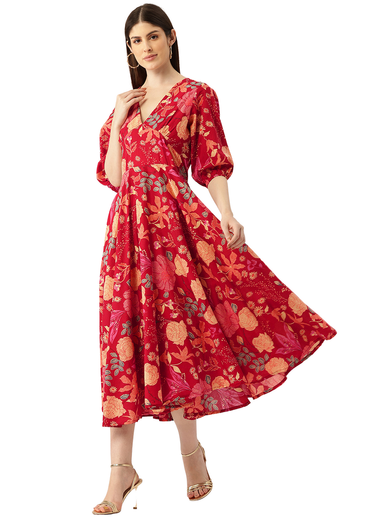 Women's Pure Cotton Floral Printed A-Line Gown with 3/4 Puff Sleeves & V-Neck