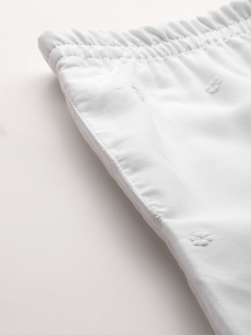 White Embroidered Palazzos–Fully Lined, Elastic Waist & Ankle-Length with Side Pocket