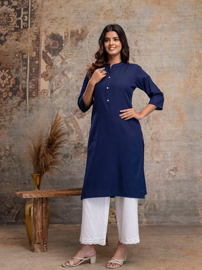 Women’s Solid Long Kurti with Mandarin Collar, 3/4 Sleeves & Pocket | Plain Elegant Cotton Kurta for Daily & Office Wear