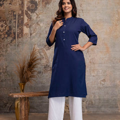 Women’s Solid Long Kurti with Mandarin Collar, 3/4 Sleeves & Pocket | Plain Elegant Cotton Kurta for Daily & Office Wear