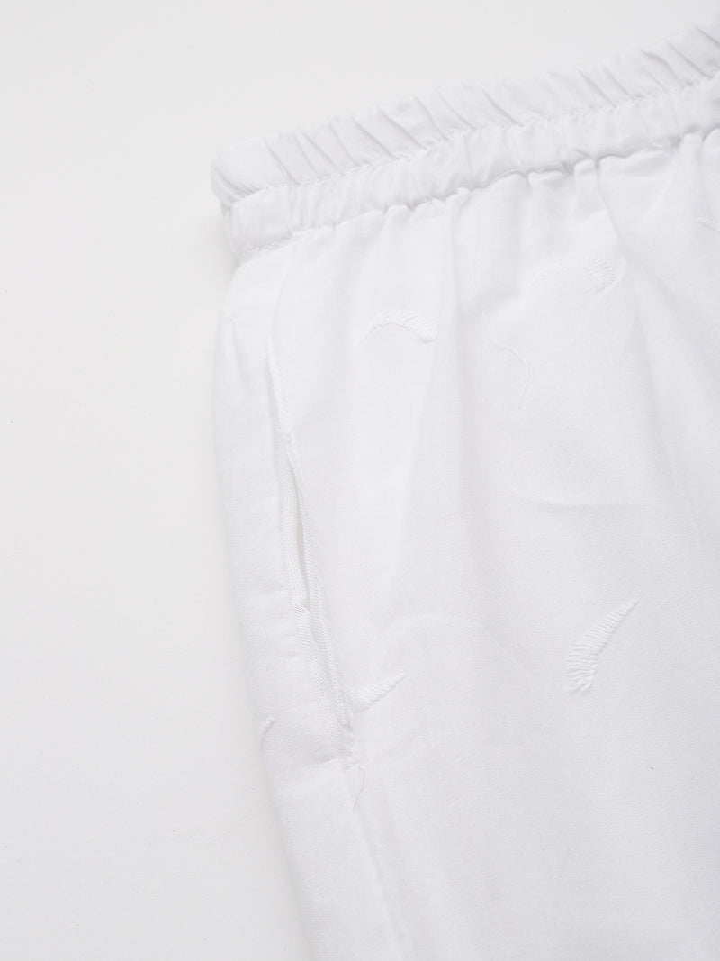 White White Embroidered Cotton Palazzos–Elastic Waist & Ankle-Length with Side Pocket