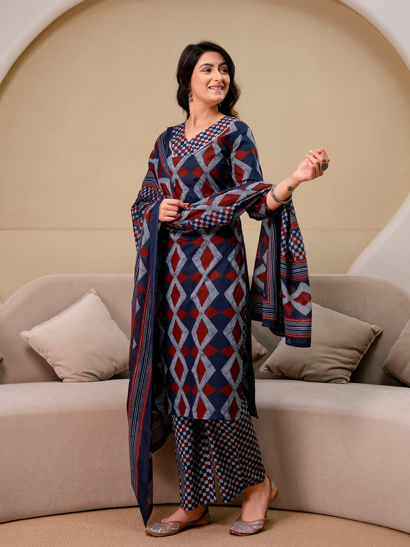 Bordered V-Neck 3-Piece Kurta Set with Ankle-Length Pants & Full-Length Dupatta (M–XXL)