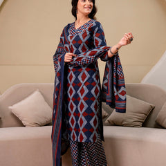 Bordered V-Neck 3-Piece Kurta Set with Ankle-Length Pants & Full-Length Dupatta (M–XXL)
