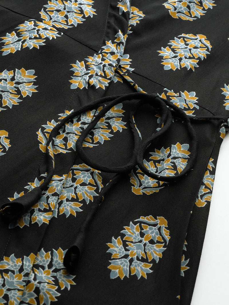 Floral Print Angrakha 3\4 Sleeves Flared Kurti