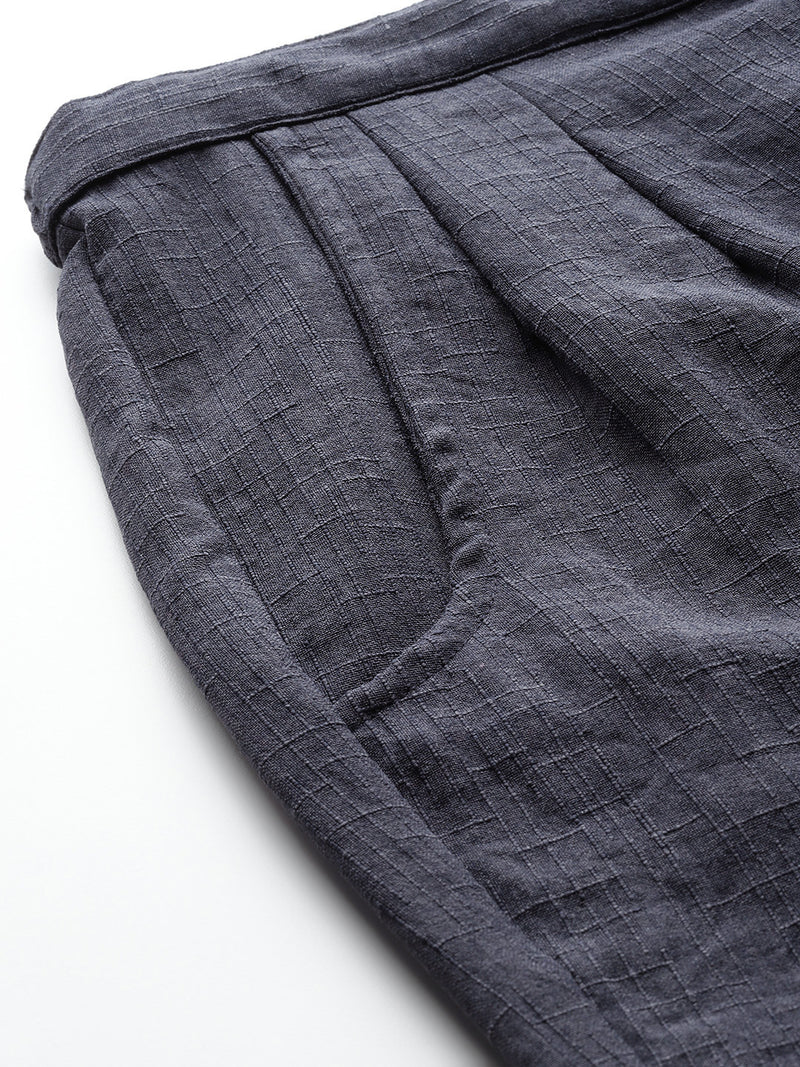 Blue Linen Trouser - Ankle-Length Pant , Partially Elasticated ,Double Pockets